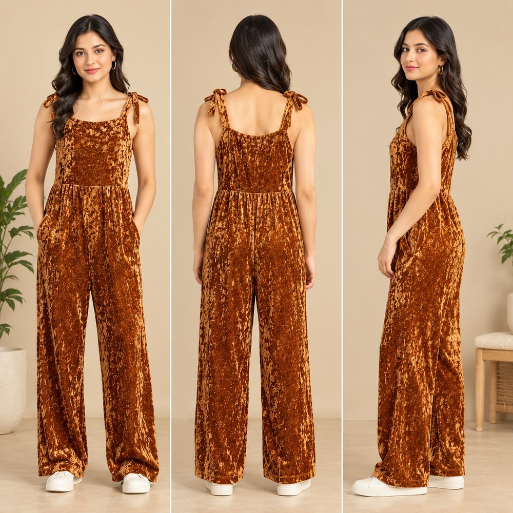 Cat & Jack Jumpsuit Girls XL Burnt Orange Crushed Velvet Tie Shoulder Wide Leg